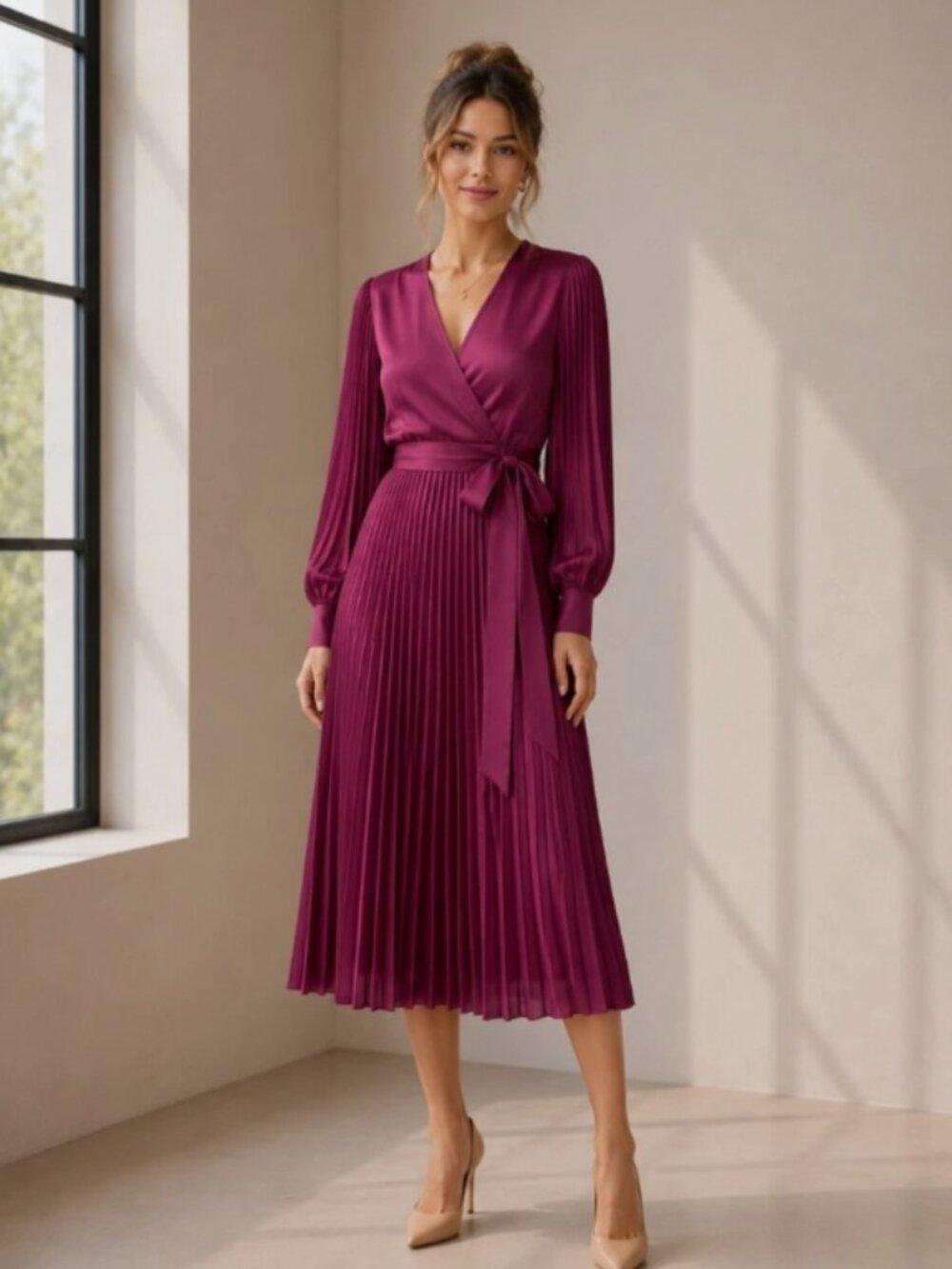 INTERMIX Magenta Satin Wrap Midi Dress Pleated Bishop Sleeve Wedding Guest 0510